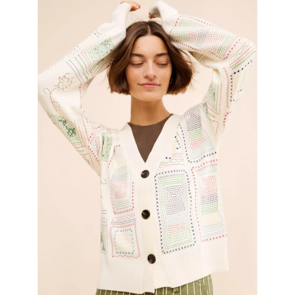 Anthropologie Never Fully Dressed Sweater Size Large Embroidered Cardigan Ivory